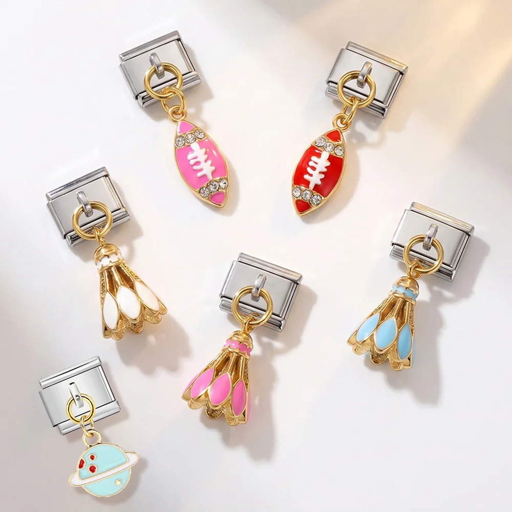 Sports Theme badminton Pendant Italian Charm Boxing Glove Ping Pong Rugby Tennis Beads 9MM Link Bracelet Stainless Steel Jewelry