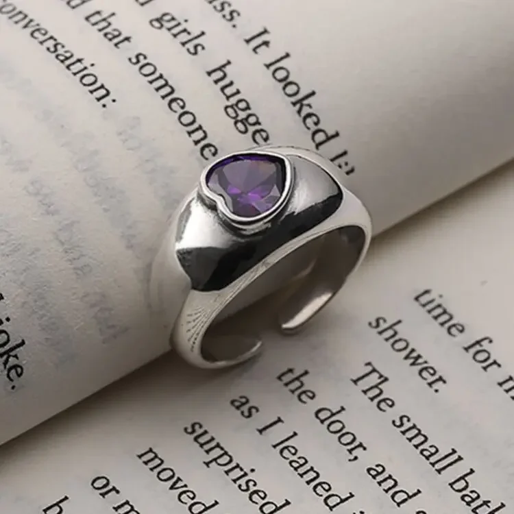 

Retro Thai Silver Color Ring for Women Men Heart Shape Colored Stone Irregular Opening Handmade Trendy Fashion Fine Jewelry