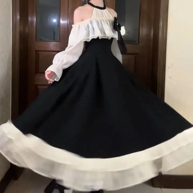 Midi Dress Lolita Dress Vintage Gothic Long Sleeve Off Shoulder Bowknot Princess Party Wedding Cosplay Elegant Costume Dress New