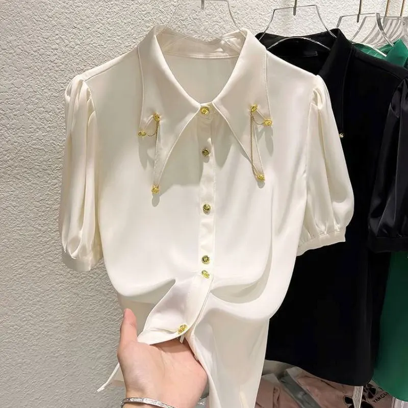 Female Clothing Fashion Chain Blouse Korean Irregular Turn-down Collar 2023 Summer Solid Color All-match Single-breasted Shirt