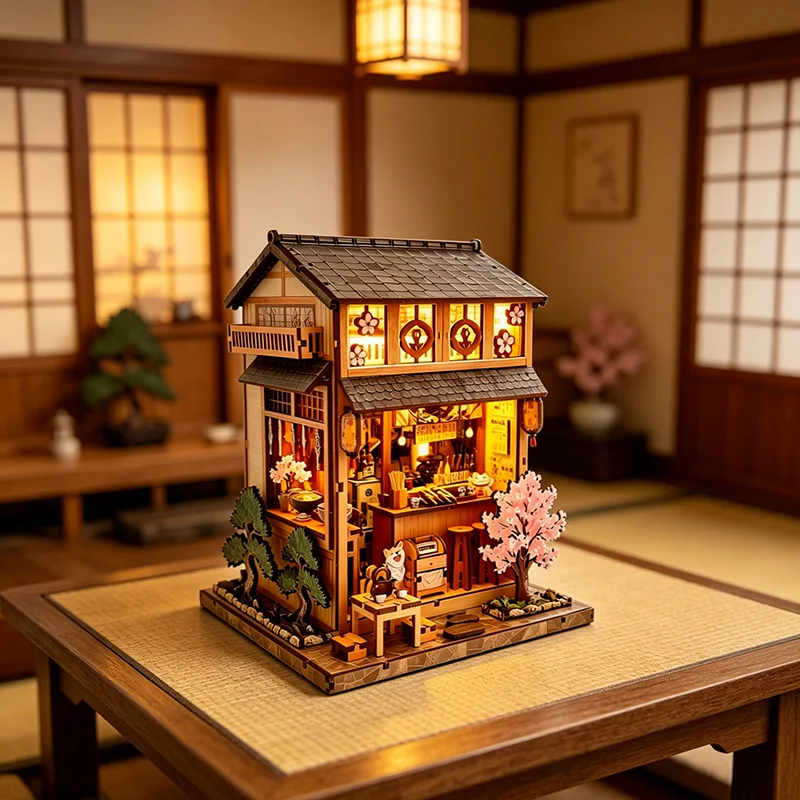 Japanese Street View Miniature Scene 3D Wooden Assembled Light-Up Ornament Traditional Oriental Decor Craft Gift for Hobbyists