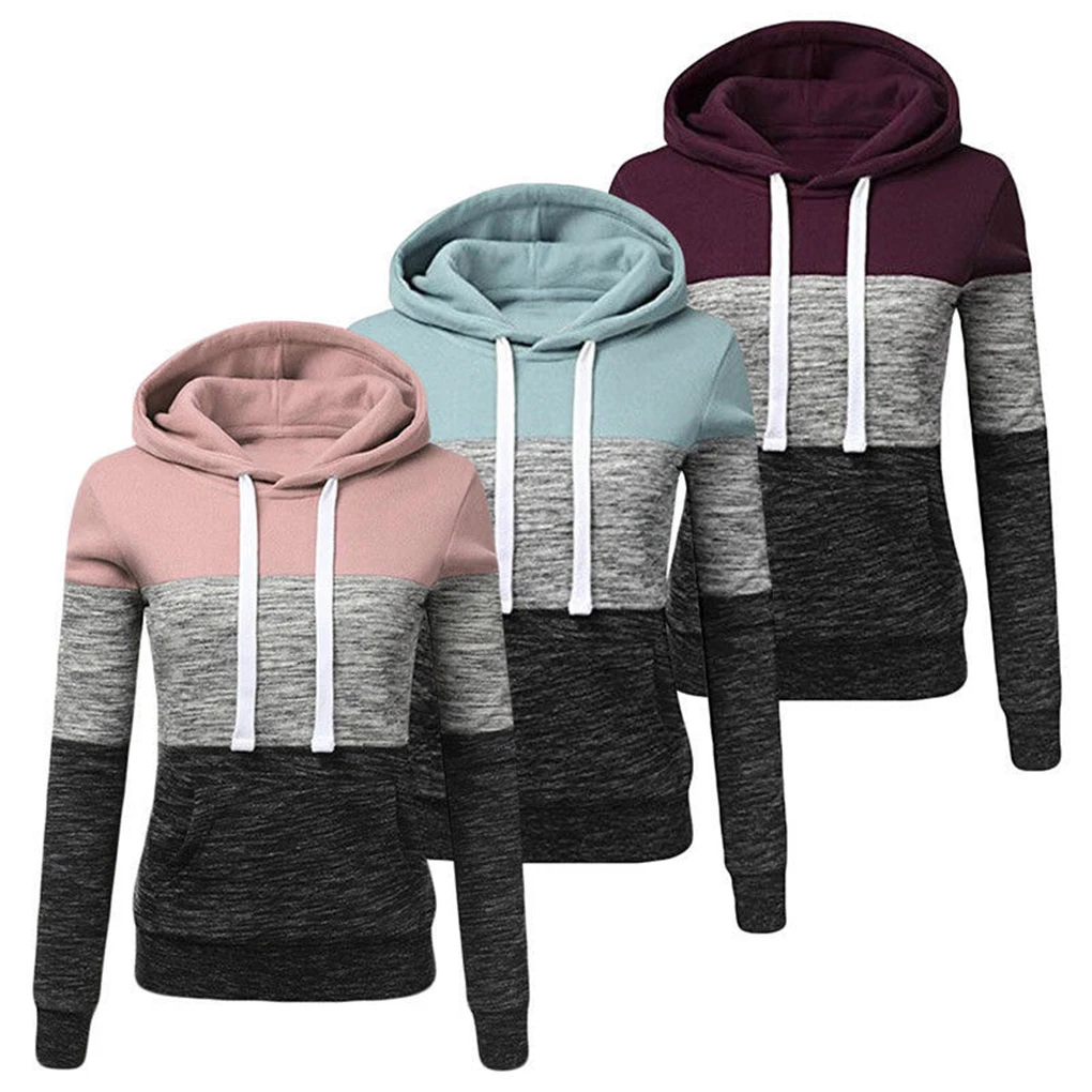 Women Girls Drawstring Hoodies Patchwork Pocket Hoodies Hooded Sweatshirt