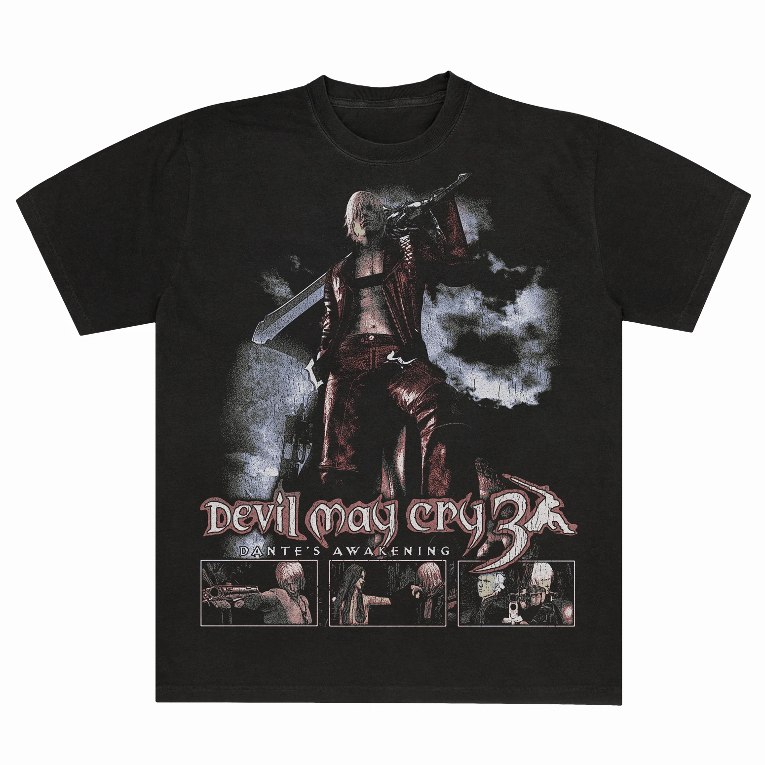 Vintage Game Dante Graphic T‑Shirt Oversized Retro Distressed Devil May Cry Character Short Sleeve Black Streetwear Tee Tops