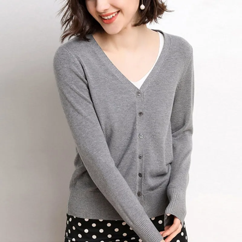 Women Button Solid Color Knit Cotton Short Cardigan Long Sleeve Casual Warm Loose Sweater