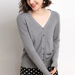 Women Button Solid Color Knit Cotton Short Cardigan Long Sleeve Casual Warm Loose Sweater