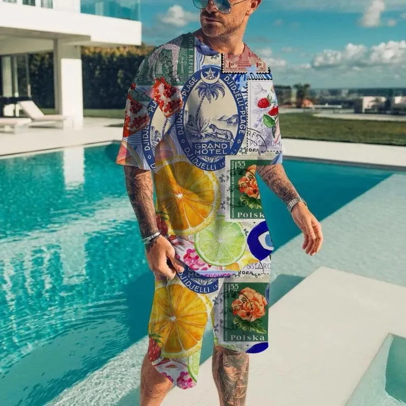 

2025 3D Printed Sportswear Men's Beach Wear Funny Muscle Skeleton Round Neck Short Sleeved T-shirt Shorts Set 2-piece Outfit