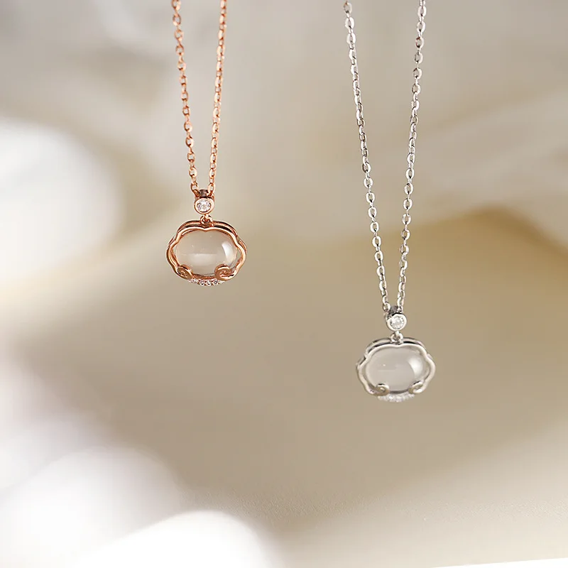 Original Design Sterling Silver White Chalcedony Auspicious Clouds Longevity Lock for Women Girls Collarbone Chain Jewelry Gifts