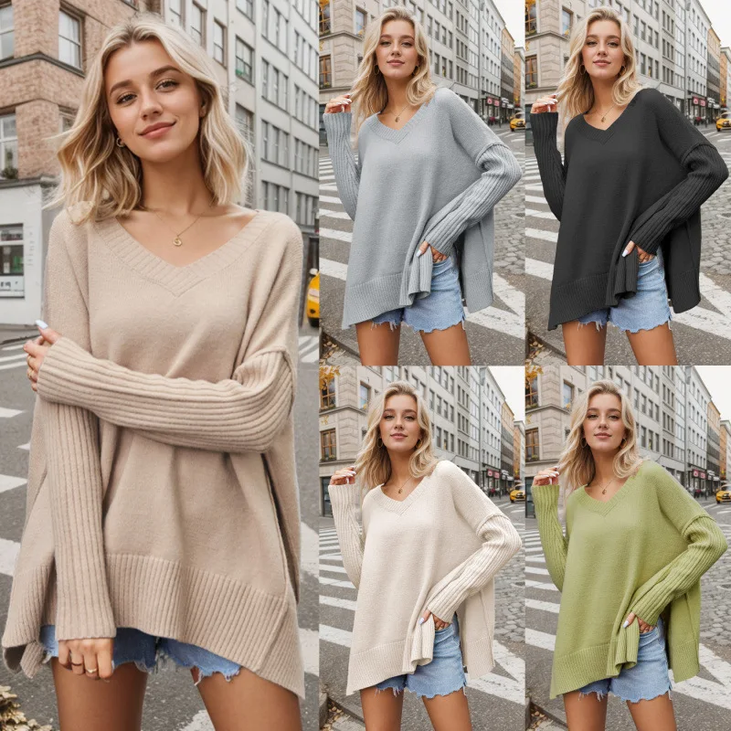 

European and American 2025 autumn and winter new V-neck wrinkled loose solid color button T-shirt top for women