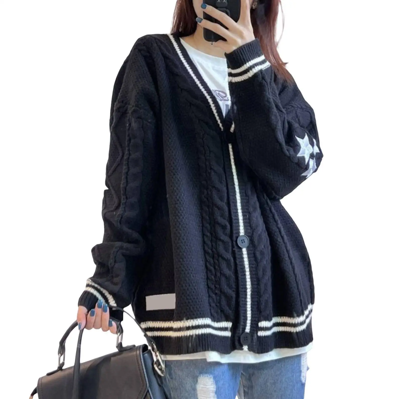 Knitted Cardigan Sweater Women's New Product Japanese Lazy Style Embroidered Star Loose Knit Cardigan Jacket