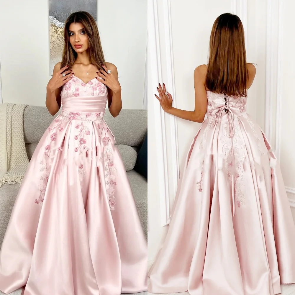 

Exquisite Intricate Satin Applique Flower Sequined Pleat Draped A-line Strapless Long Dresses Prom Dresses High Quality Elegant