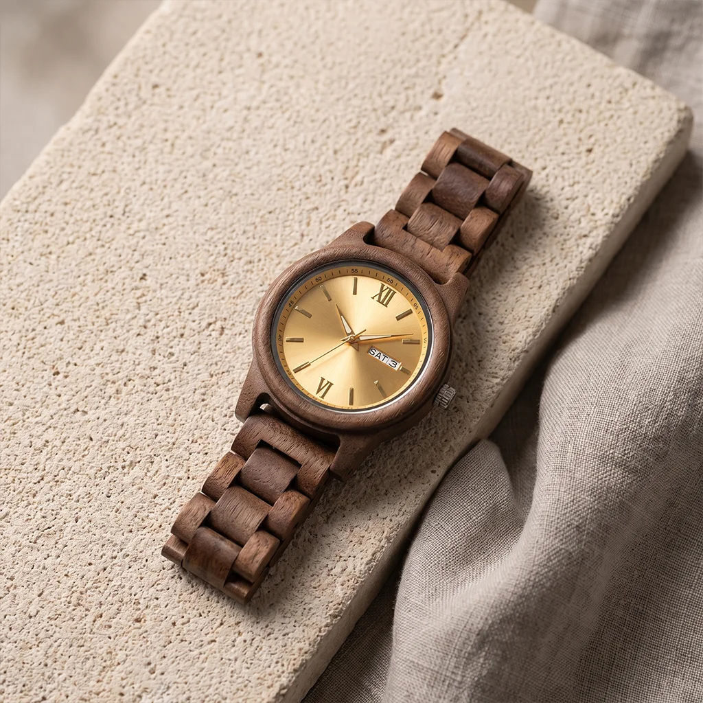 Men's Wooden Quartz Wristwatch with Date and Week Display description 9