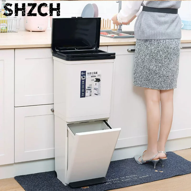 2-Tier Kitchen Trash Can with Lid, Large Capacity Dual-Bin Wastebasket for Dry Wet Separation, Home Recycling Garbage Bin