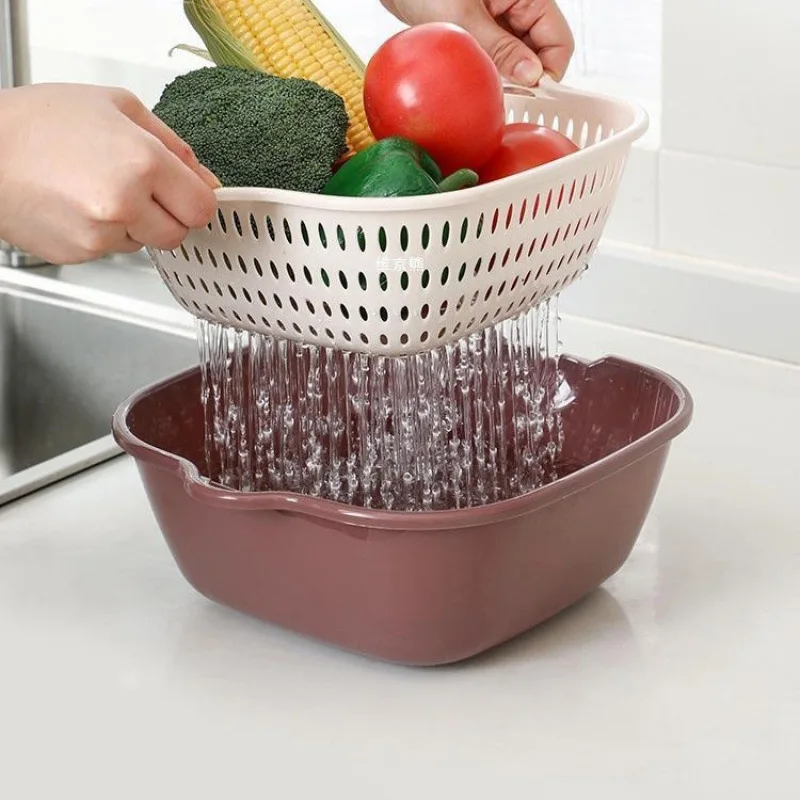 Vegetable Washing Basket and Draining Basket Set of Six, Kitchen Color-Block Double Layer6Set of Household Vegetable Washing Bas
