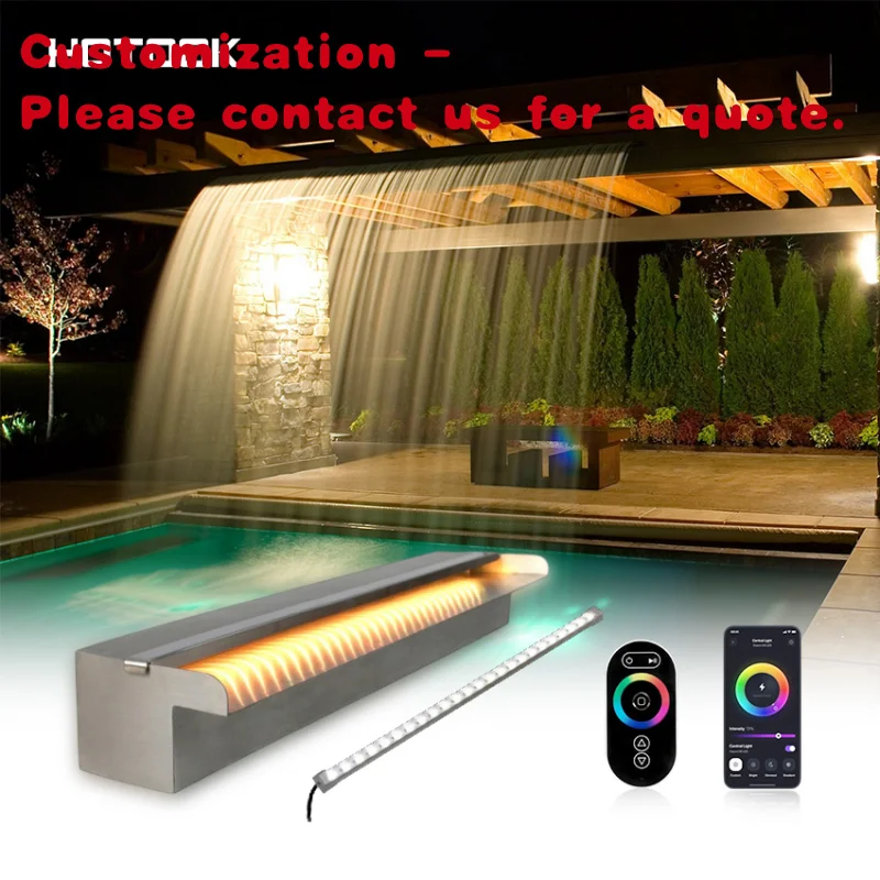 

На заказ. Индивидуальный размер, водонепроницаемая занавеска для бассейна, фонтан с дистанционным управлением через приложение, водопад из нержавеющей стали со светодиодом RGB