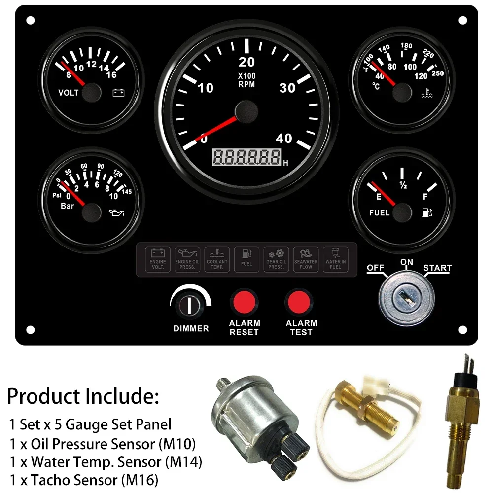 5 Gauge Set Instrument Panel with 0-4000RPM Tachometer Fuel Level Water Temp. Oil Pressure Voltmeter 241*177 Mm for Boat Car 12V