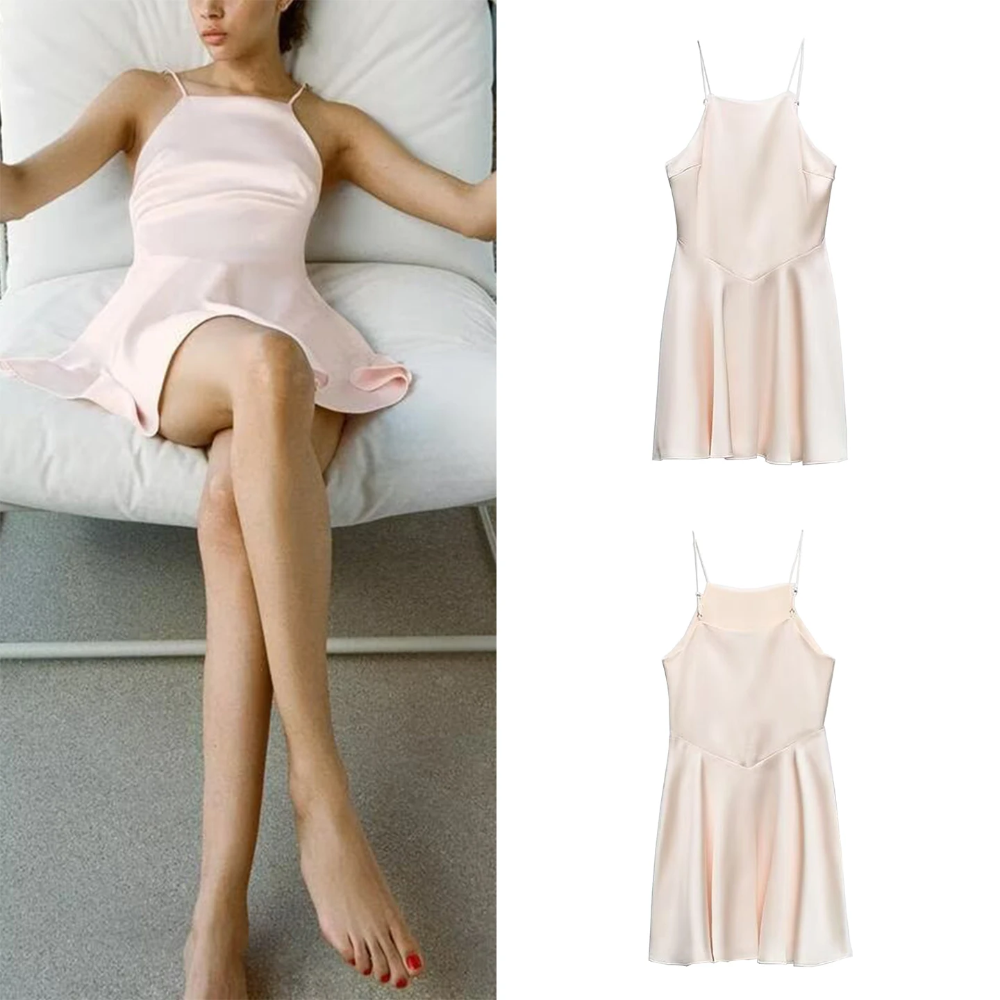 فستان قصير أنيق وجذاب من الساتان الحريري Z موضة نسائية 2025 وصل حديثًا فستان بخصر طبيعي صديق للبشرة يسمح بمرور الهواء