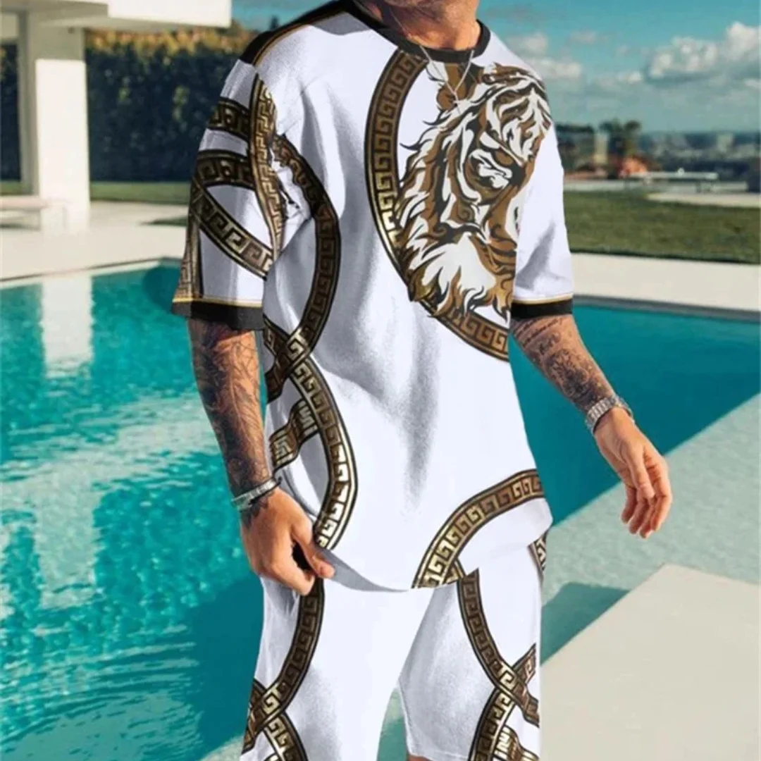 Summer Tracksuit T-shirt Shorts 2 Piece Animal Tiger Printed Outfits Sports Suit Oversized Casual Streetwear Man Sets Clothing