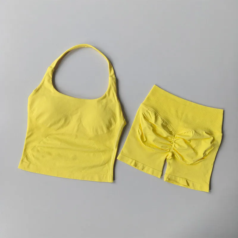 Damen-Sport-BH-Set mit Halsband, schöner Rücken, Yoga-Anzug, zweiteiliges Top, hochtailliertes, hüftformendes Fitness- und Gym-Set, Shorts-Sets – Detail 14