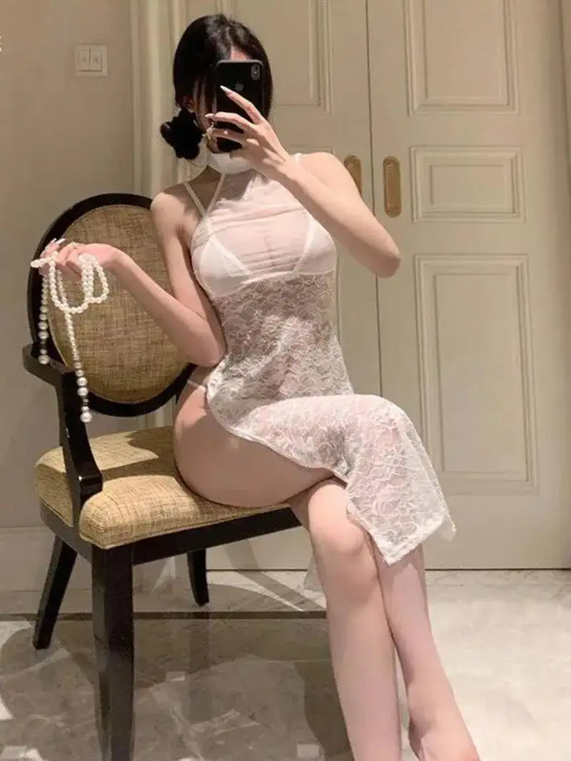 Sexy pure réservoir Mini robe douce chaude Sexy haut pour femme 2025 nouvelle sangle longue robe élégante haute fente Sexy dentelle Ultra-mince ZZR0