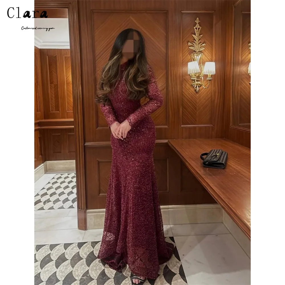 

Clara Custom Burgundy Fishtail Long Sleeves Backless Evening Dresses 2026 Luxury Woman Elegant Evening Dress Women's Ball Gown