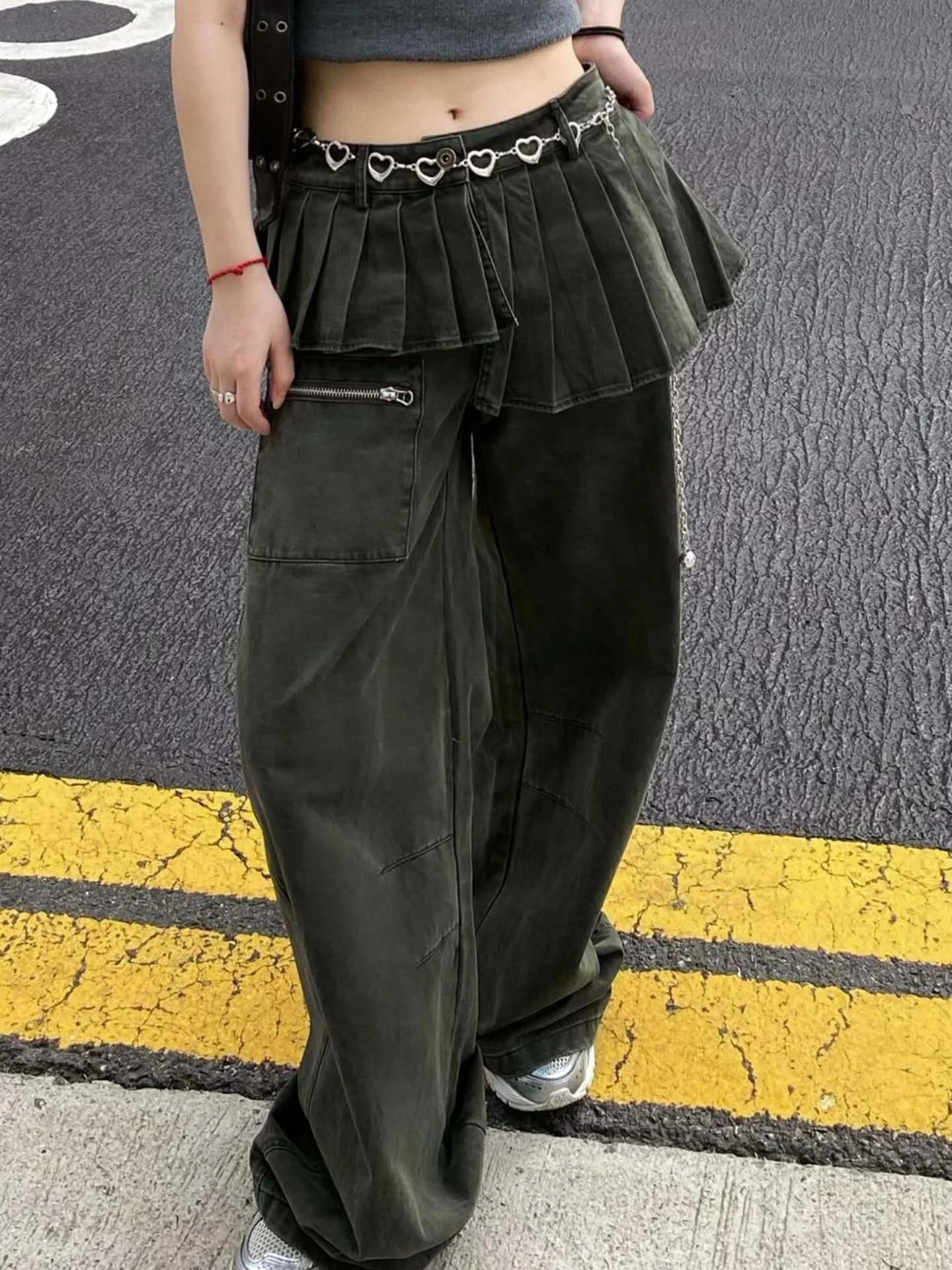 

Американские лоскутные джинсовые брюки с высокой талией, женские свободные прямые длинные брюки с уличным дизайном, сексуальная юбка для девочек