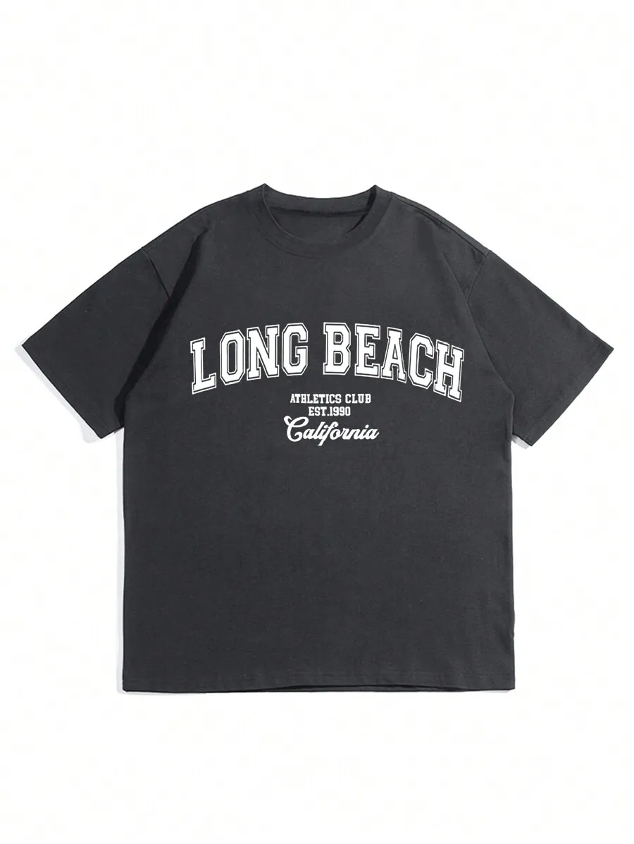 Mens Summer Letter Print Round Neck Casual T-Shirt
