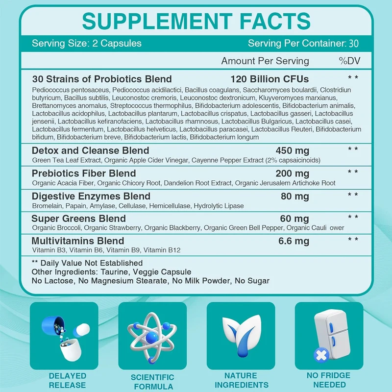 Probiotics, containing 120 billion colony units, promote intestinal health, immune support, and intestinal cleansing