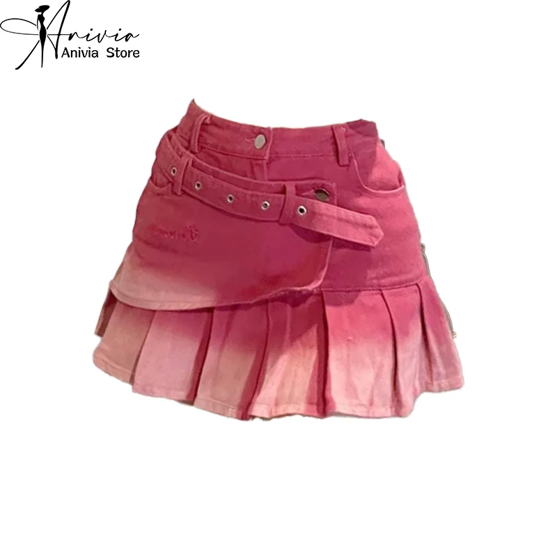 2024 Women's Spring/Summer Barbie Pink Gradient Denim Short Skirt Fashion American Spicy Girl Y2K Subcultural Pleated Cute Skirt