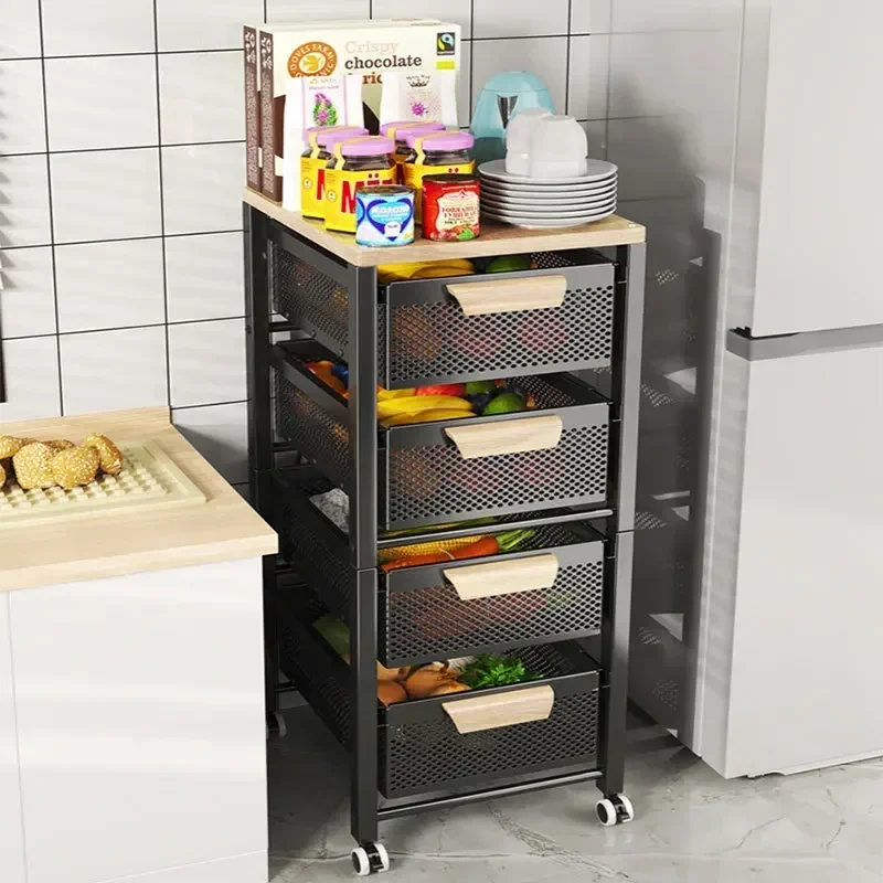 Fruits Vegetables Storage Cart Multifunctional Storage Cabinet Floor Narrow Seam Storage Baskets Pull-out Type Kitchen Furniture