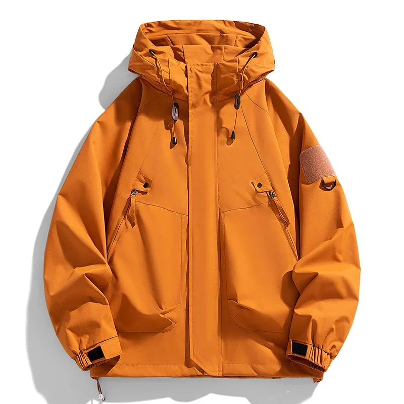 

Windbreakers Men Hooded Jacket Zipper Coat Cargo Waterproof Black Bomber Camping Loose Thin Softshell Hooded Hiking Jacket
