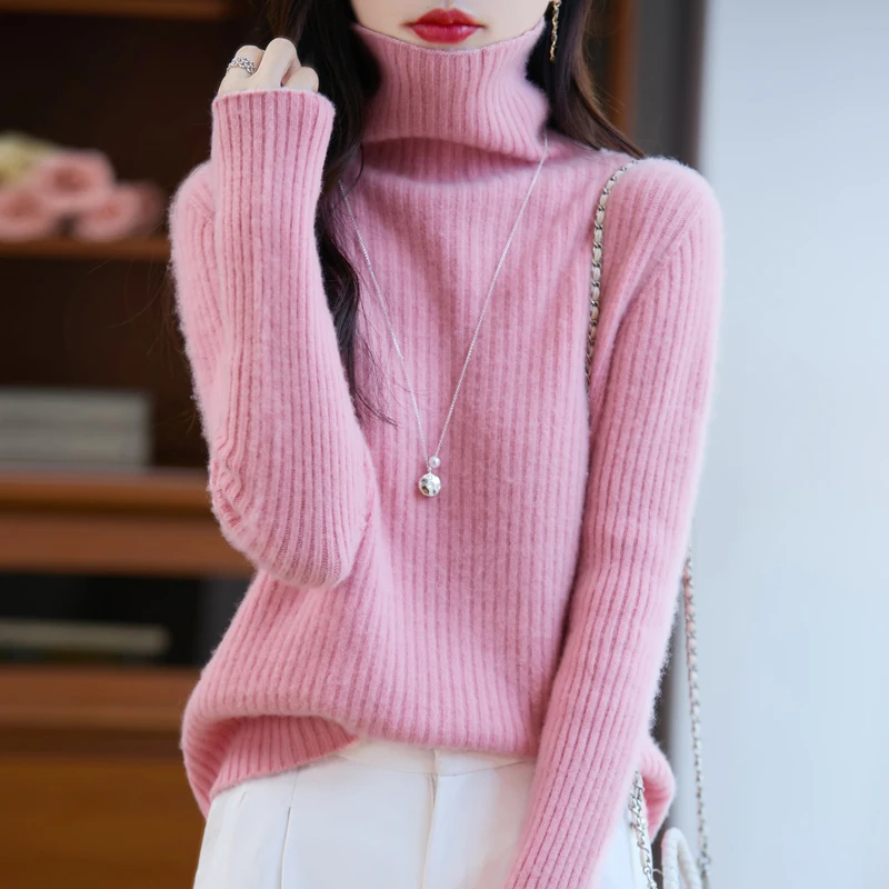 

Spring Autumn 100% Merino Wool Women's Turtleneck Sweater Long Sleeve Striped Pullovers Casual Pure Wool Knitwear Tops