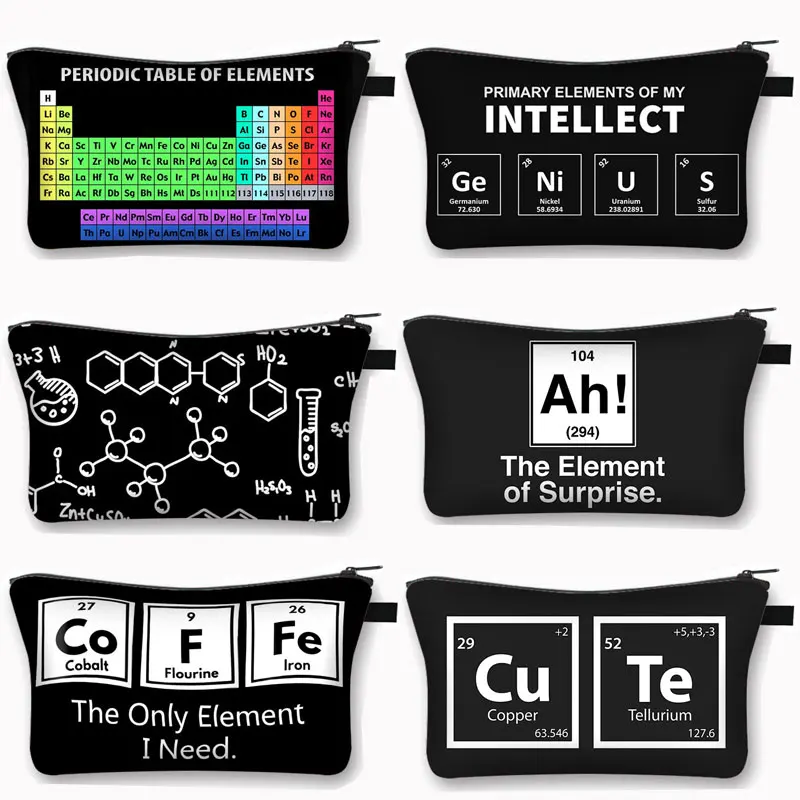 Periodic Table of Elements Print Cosmetic Case Women Makeup Bags Coffe Letters Zipper Pouch Lipstick Organizer for Cosmetics Bag