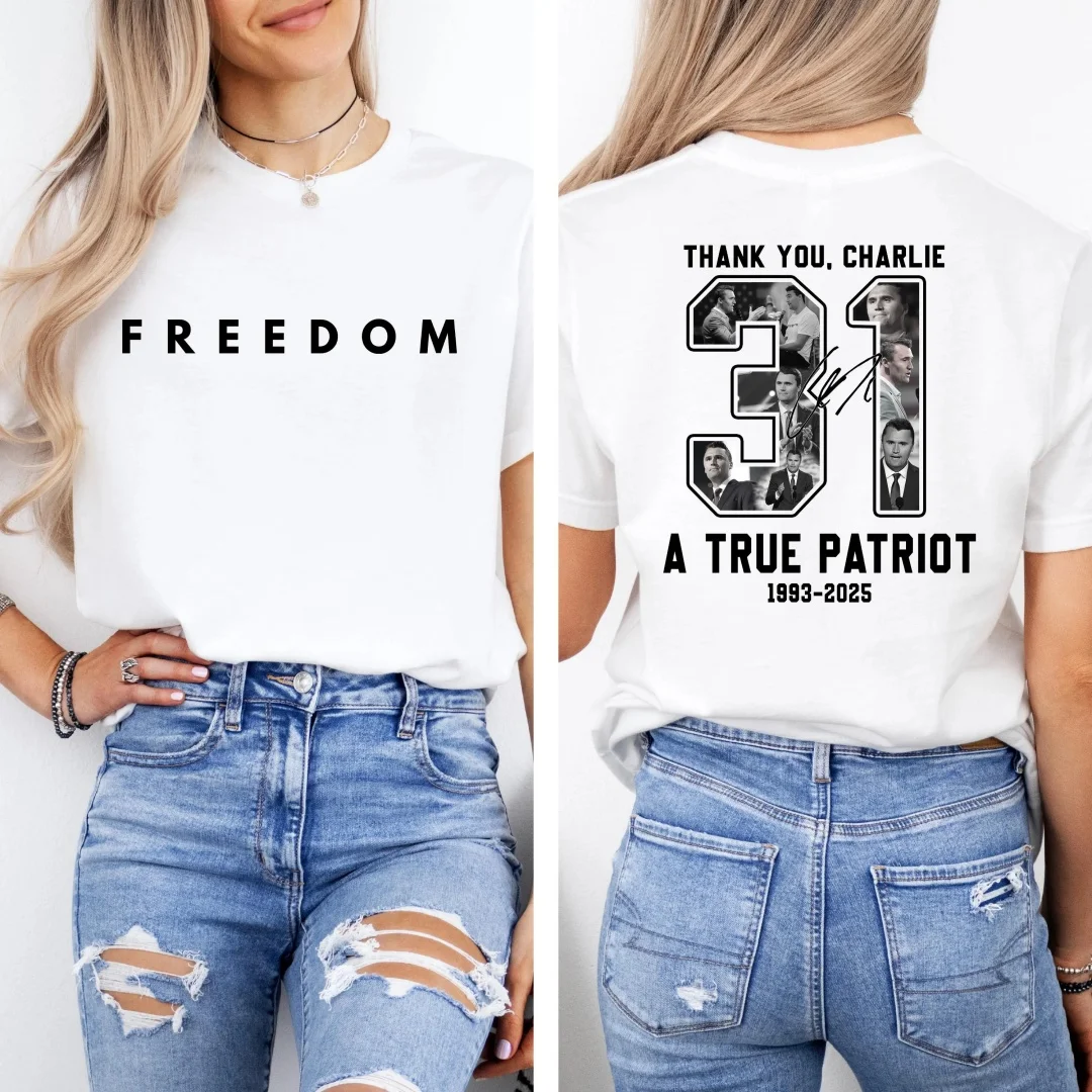 Vrijheid Charlie Kirk Een echte patriot 31 T-shirt, rust in vrede Charlie Kirk, dank u Charlie, Charles Kirk Memorial, conservatief