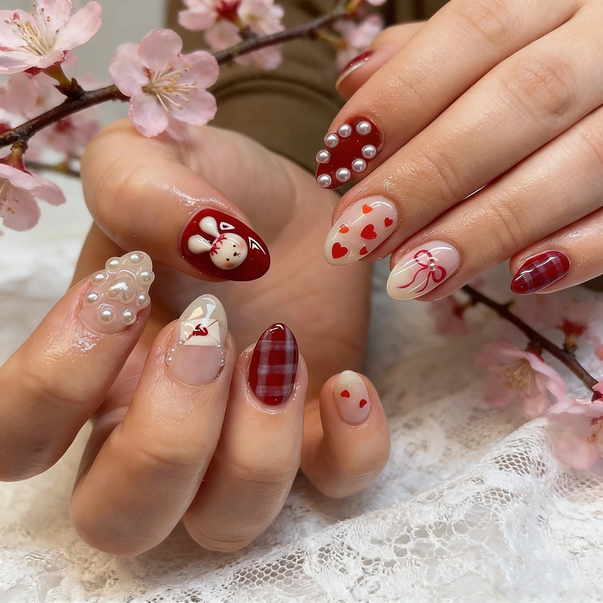 

24pcs Red Heart Fake Nails Bunny Plaid Bow Pearl Press on Nail Short Almond Full Coverage Nail Tips for Women&Girl False Nail