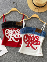 Women Y2K Streetwear Vintage Acubi Letter Embroidery Denim Strap Tops Sleeveless Spicy Aesthetic Slim Tank Crop Top Alt Clothes