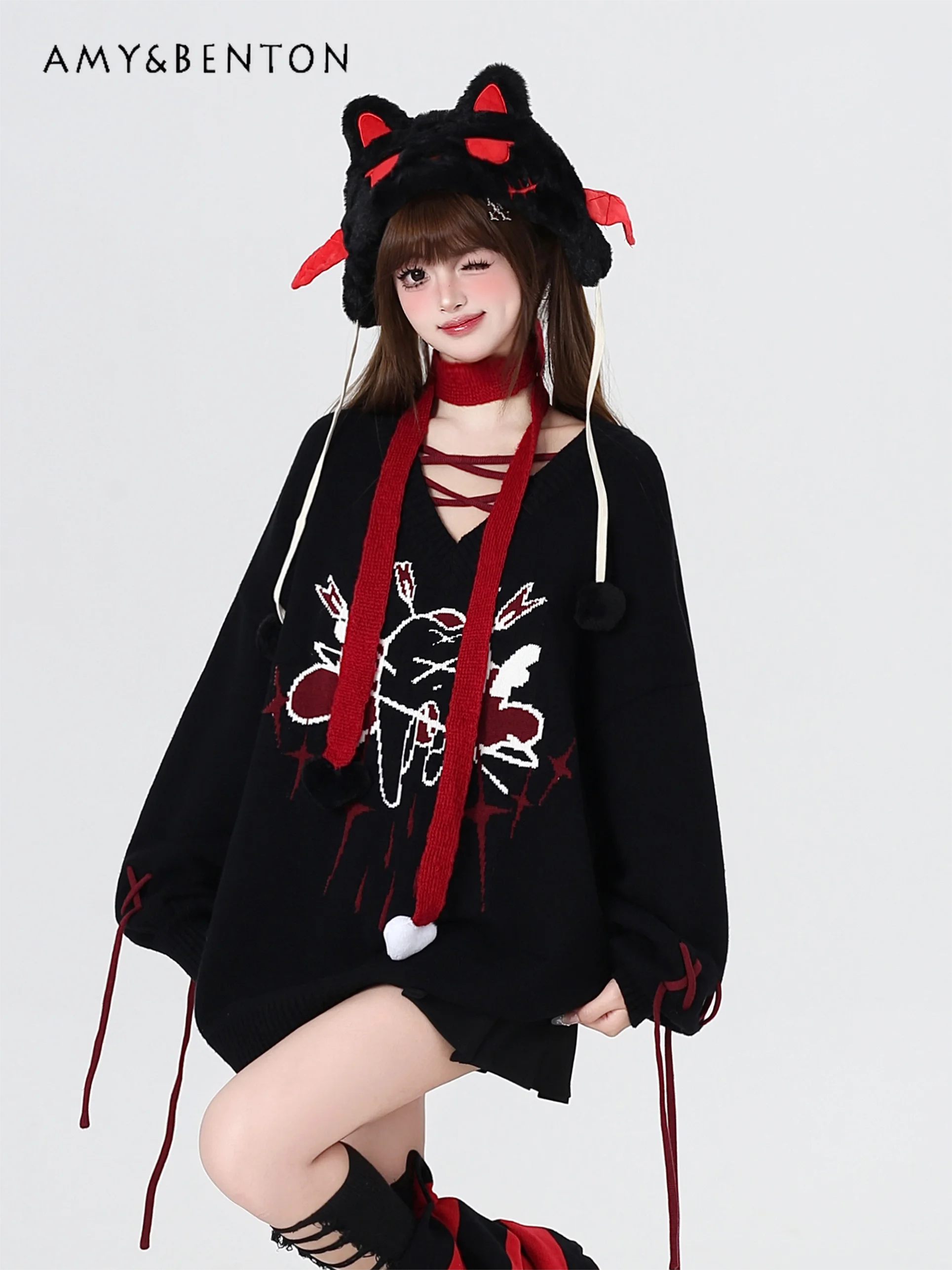 Original Subculture Straps Sweet Cool V-neck Loose Sweater Women Autumn Winter Harajuku Gothic Printed Y2K Oversized Pullover