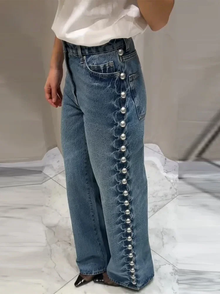 Pantalones vaqueros con cuentas de calle para mujer, pantalones vaqueros rectos a la moda con bolsillos de cintura alta para mujer, pantalones Vintage Y2k para primavera y verano