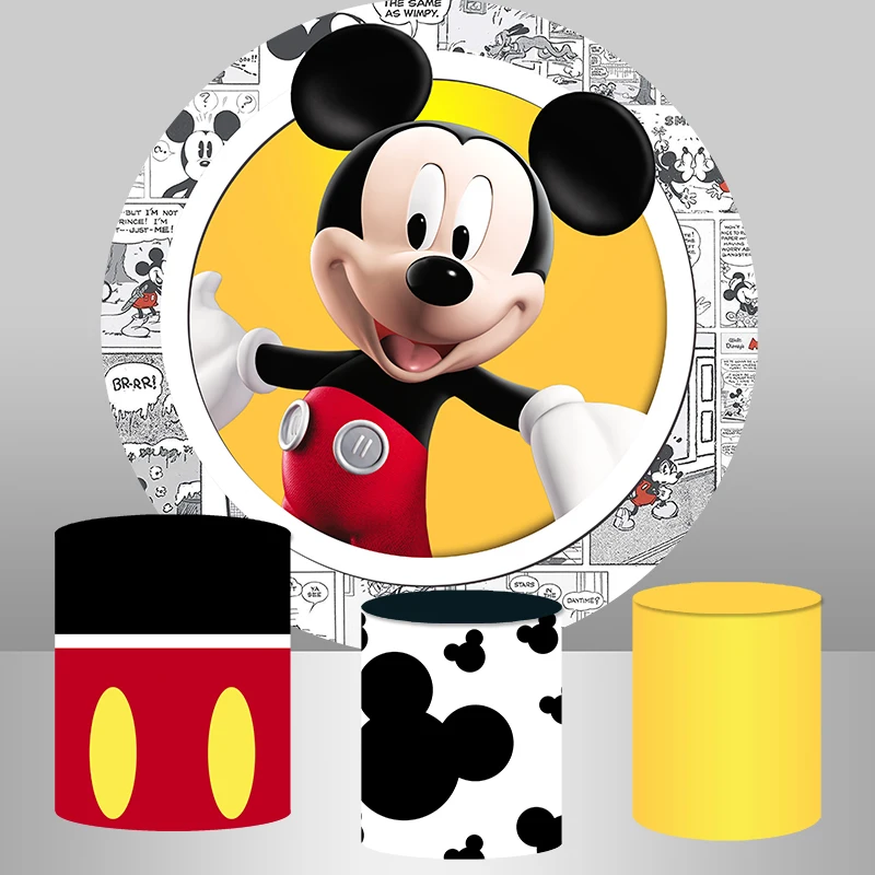 Comic Mickey Round Circle Photography Backdrop Boys Red Yellow Black Theme Birthday Party Background Table Banner Plinth Covers