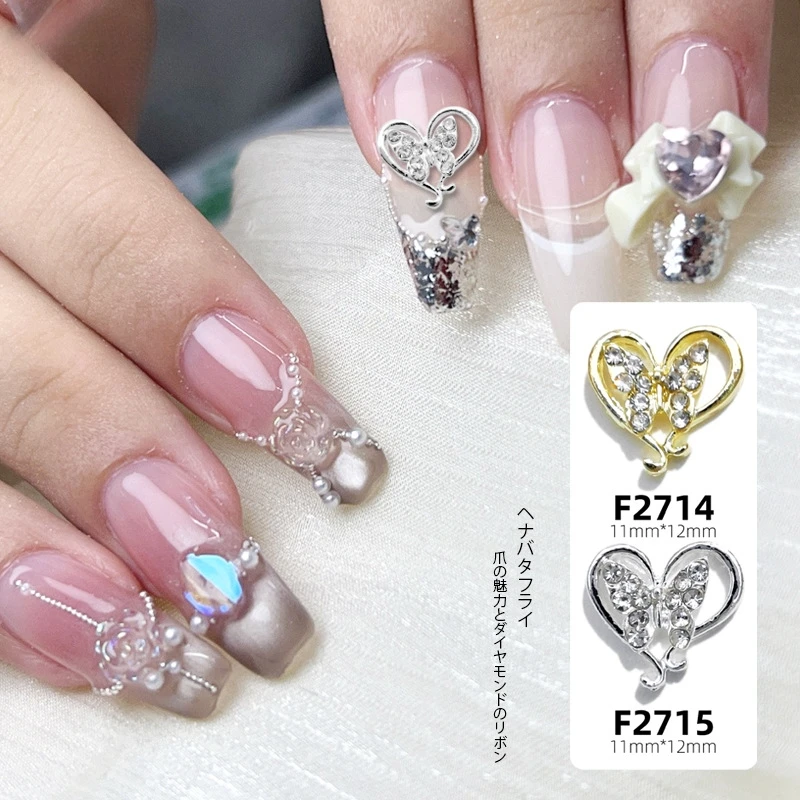 10 Uds. De dijes para uñas de mariposa y corazón hueco 3D, elegantes detalles alados de aleación y diamantes de imitación para manicura romántica