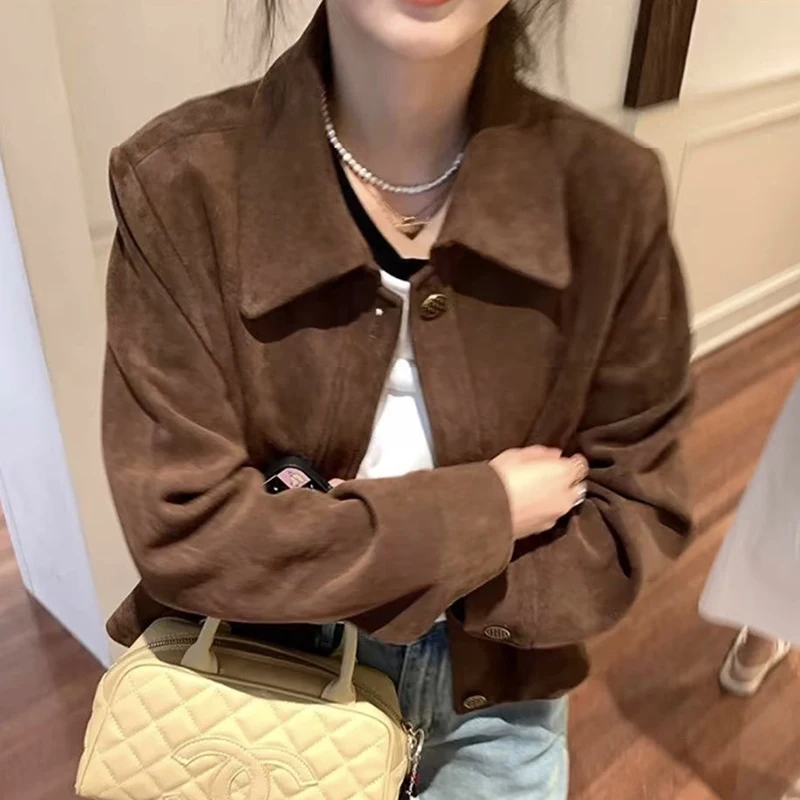 

Vintage Suede Crop Jacket Women Korean Casual Streetwear Long Sleeve Flight Suit Harajuku Brown Loose Female Coat Tops