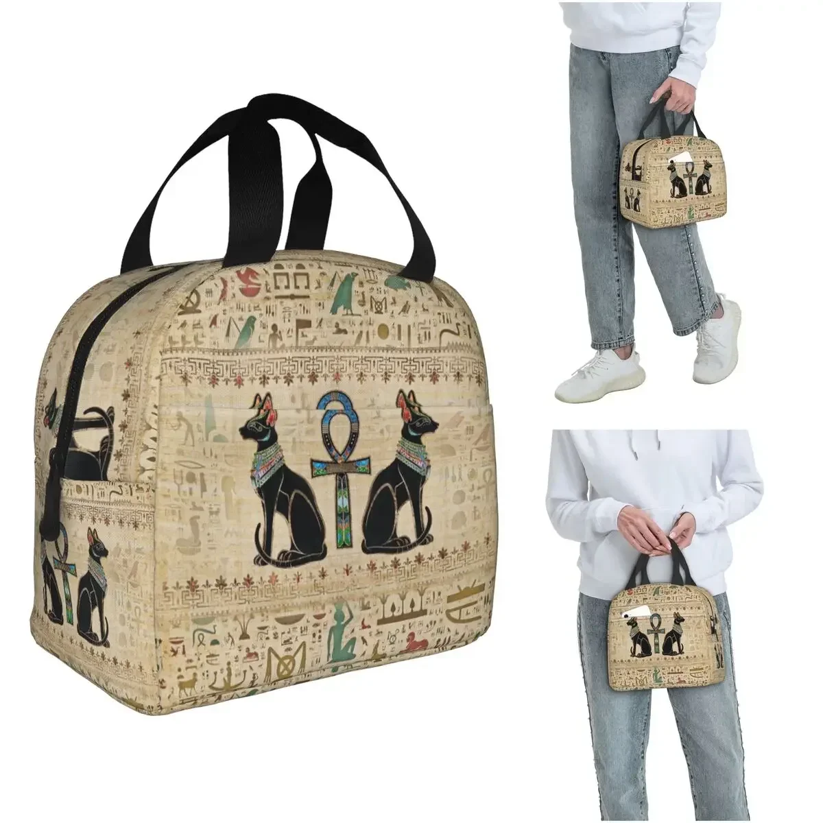 Egyptian Cats And Ankh Cross Insulated Lunch Bag for Women Kids Portable Food Boxes Thermal Lunch Box Tote