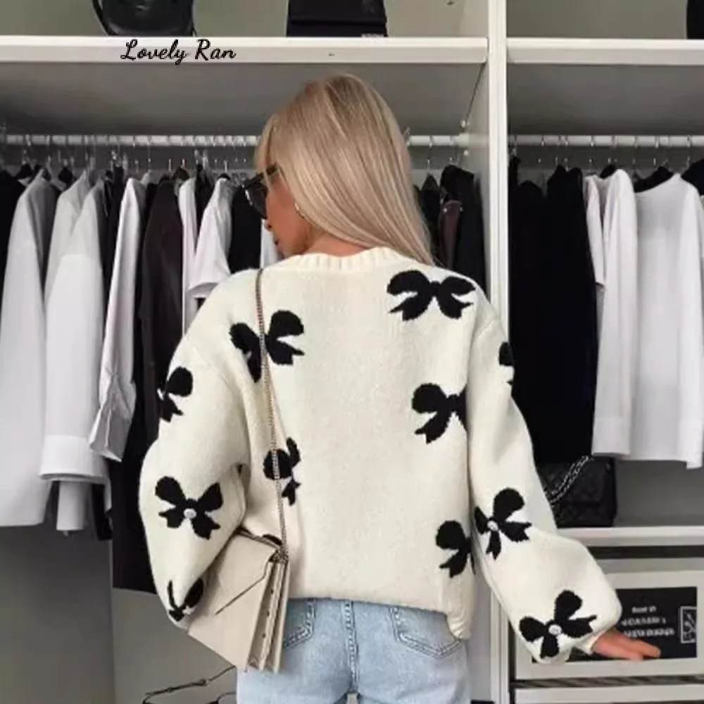 

Cross-Border Knot Knitted Open Cardigan Women's Street Sle Sweet Tie Sweater Loose Fit Long Sve round Ne