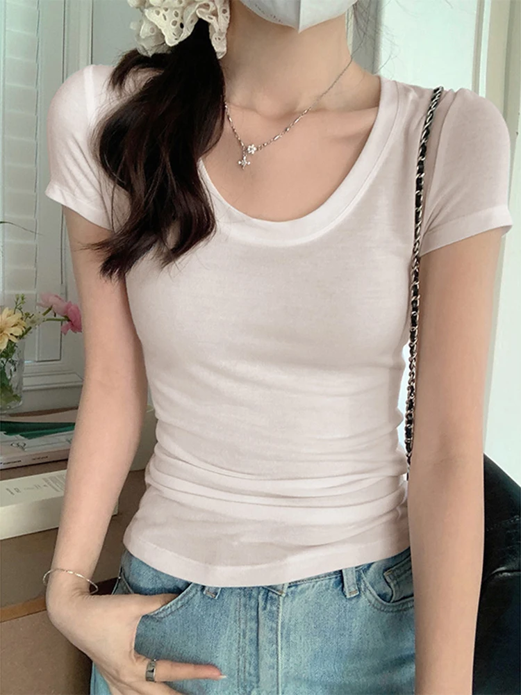 Sexy O Neck Slim T Shirt Women Cotton Elastic Basic Solid Female Casual Tops Short Sleeve Thin T-shirts See Through