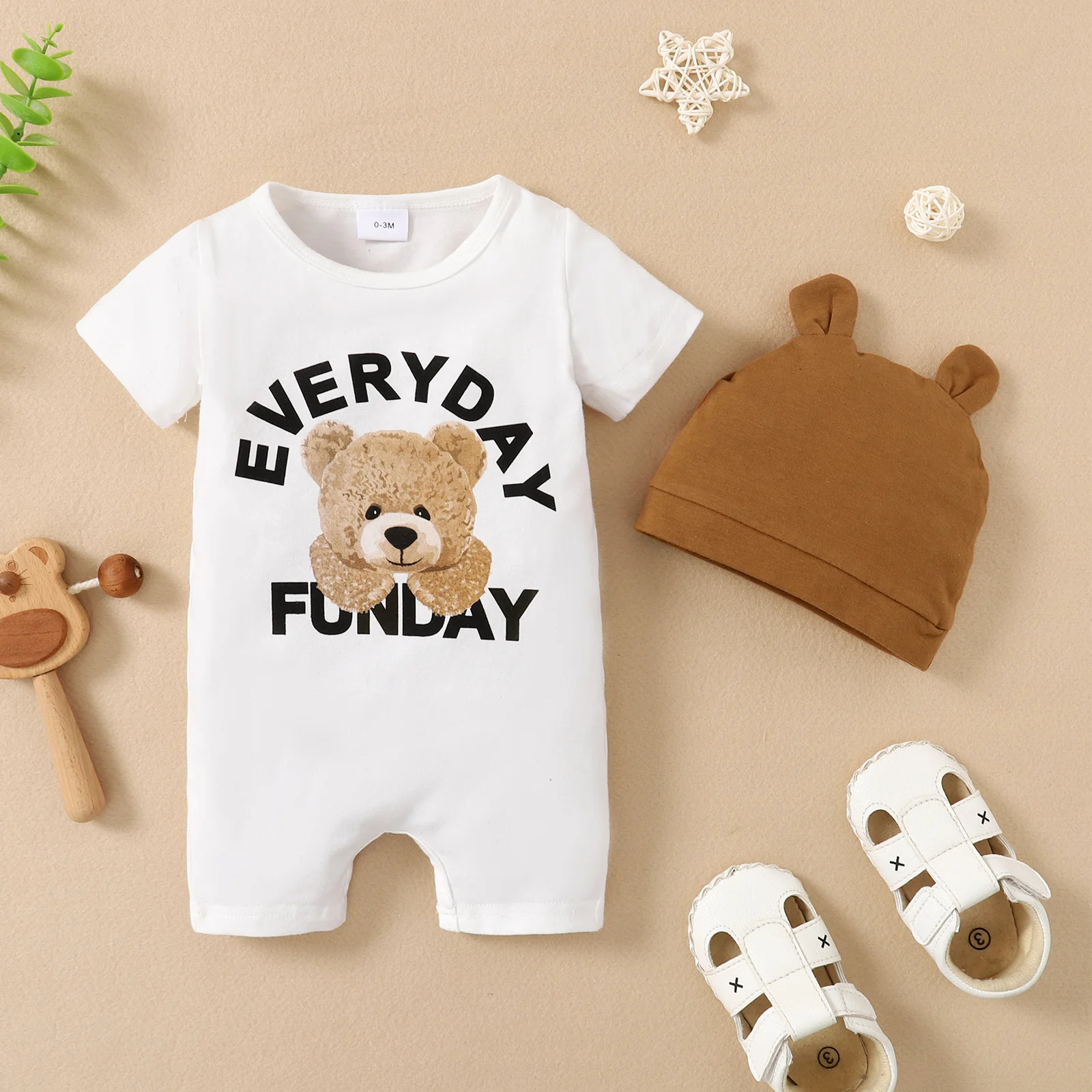 Summer Newborn Infant 0-1 Years Old Baby Boys Girls Romper Short Sleeve Bear Print Baby Clothing