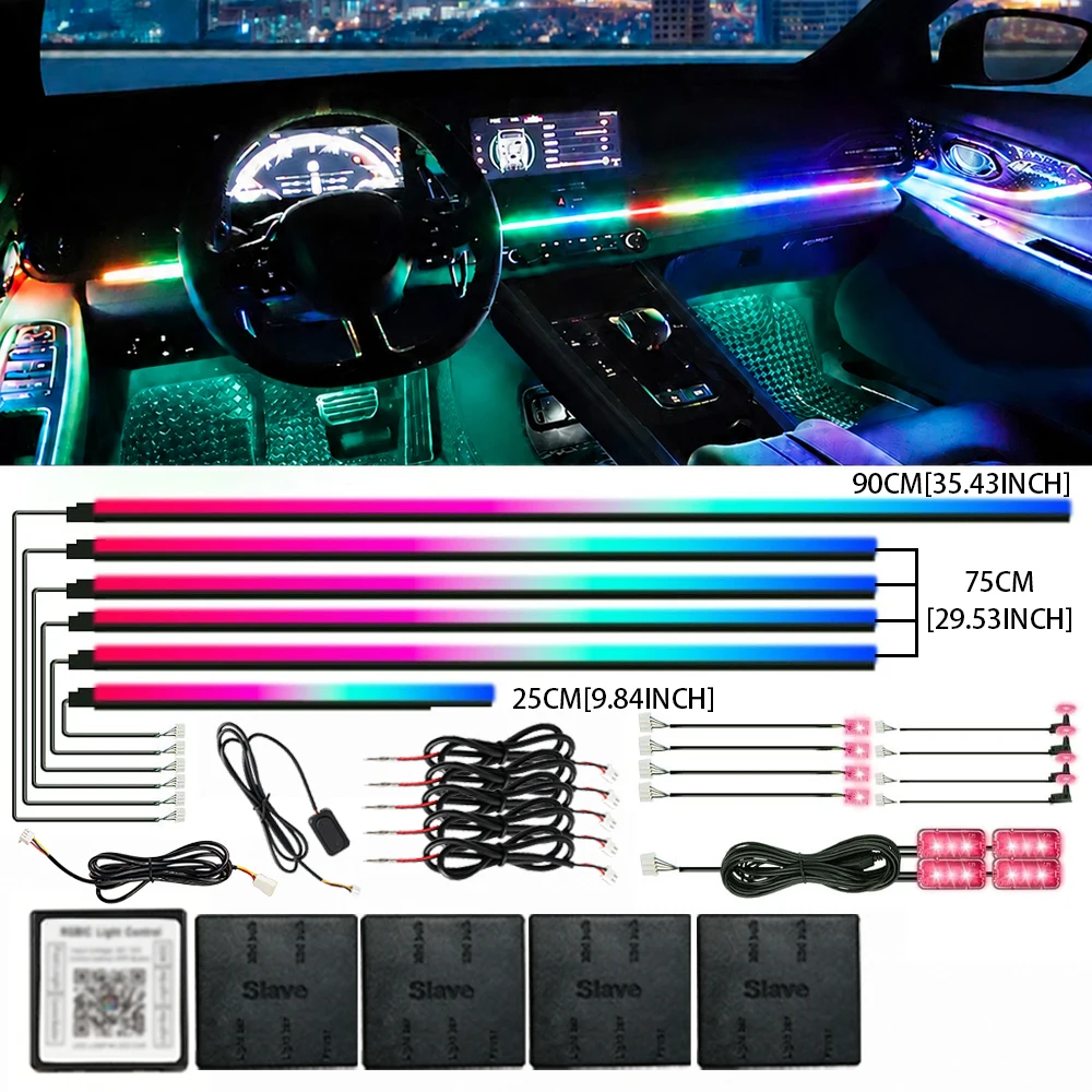 Kit di illuminazione ambientale per interni auto con luci a LED acriliche Dreamcolor, telecomando e controllo tramite app wireless, 18 in 1, strisce LED in fibra ottica, funzione musicale