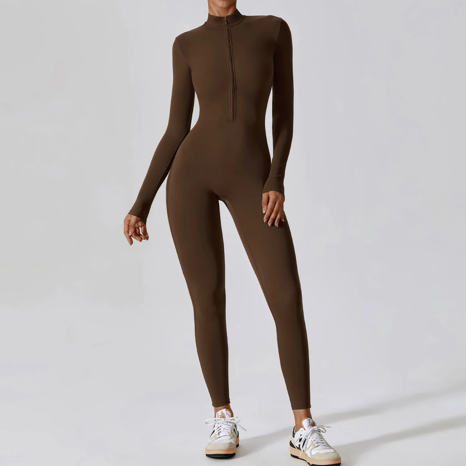 Women\'s One-Piece Suit Zipper Nude Long Sleeve Yoga Set Gym Clothes Workout Boilersuit High Strength Sportswear Fitness Bodysuit