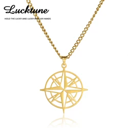 Lucktune Compass Pendant Necklace Stainless Steel Viking North Star Gold Color Chain Necklace for Men Couple Punk Jewelry Gift