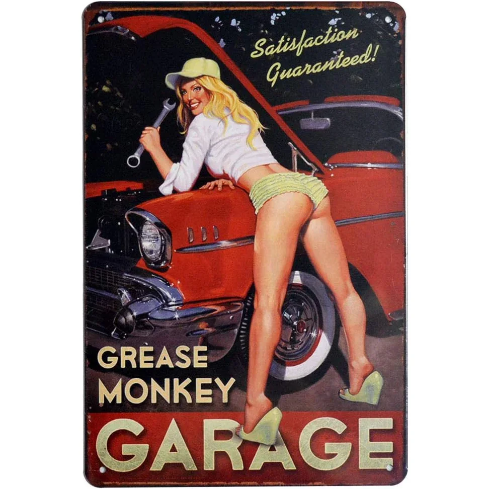 Pin-up Girls Gas Oil Station Motorcycle Full Service Greased Route 66 Auto Repair Metal Tin Signs Rural Vintage Garage Pub Bar