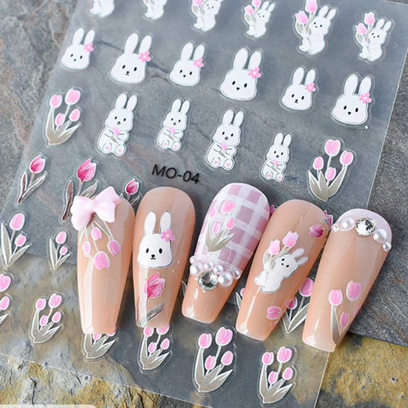 

5d Emboss Nail Art Stickers Gold lines Pink Tulips Flowers Rabbit Adhesive Sliders Nail Decals For Manicure Tips Accessories