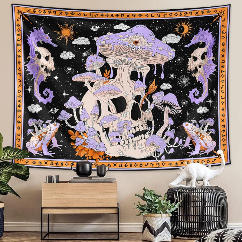 1pc Gothic skull tapestry, human skull tapestry, moon starry sky mushroom tapestry, bedroom and living room aesthetic decoration